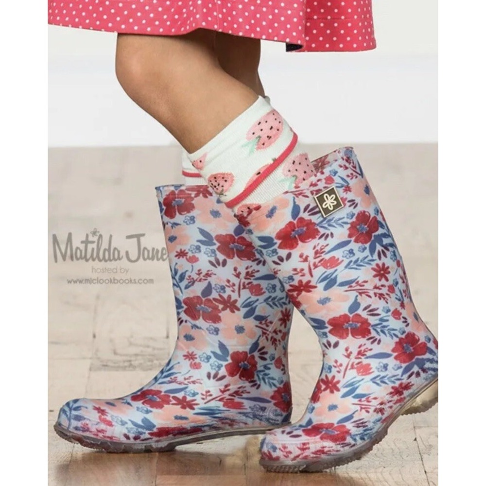 Matilda Jane Girls Rain Boots‎ Size 4 All Is Wellie Camp MJC With Zippered Bag